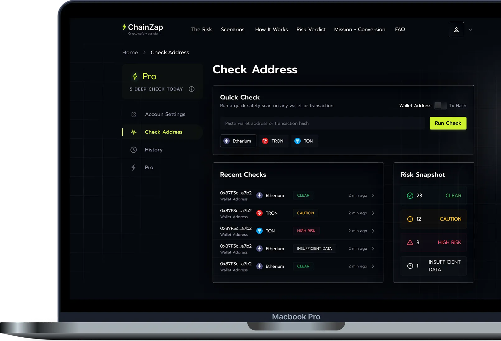 ChainZap result view with overall status, key reasons and data coverage